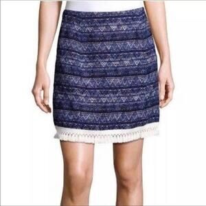 Michael Kors NWT Knit Skirt Blue & White Fringe Trim Woven Tribal Design